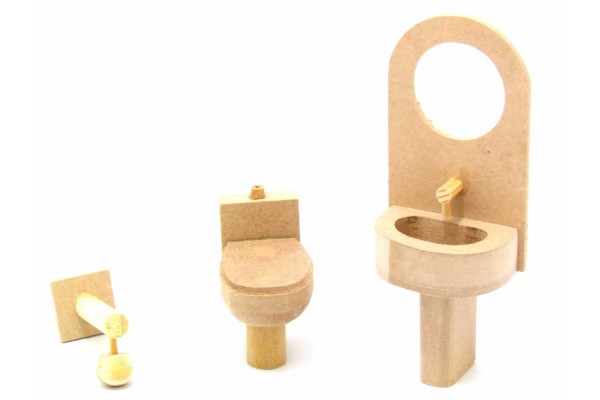 MINIATURA KIT BANHEIRO VASO SANITARIO / PIA COM PORTA ESPELHO / CHUVEIRO MDF